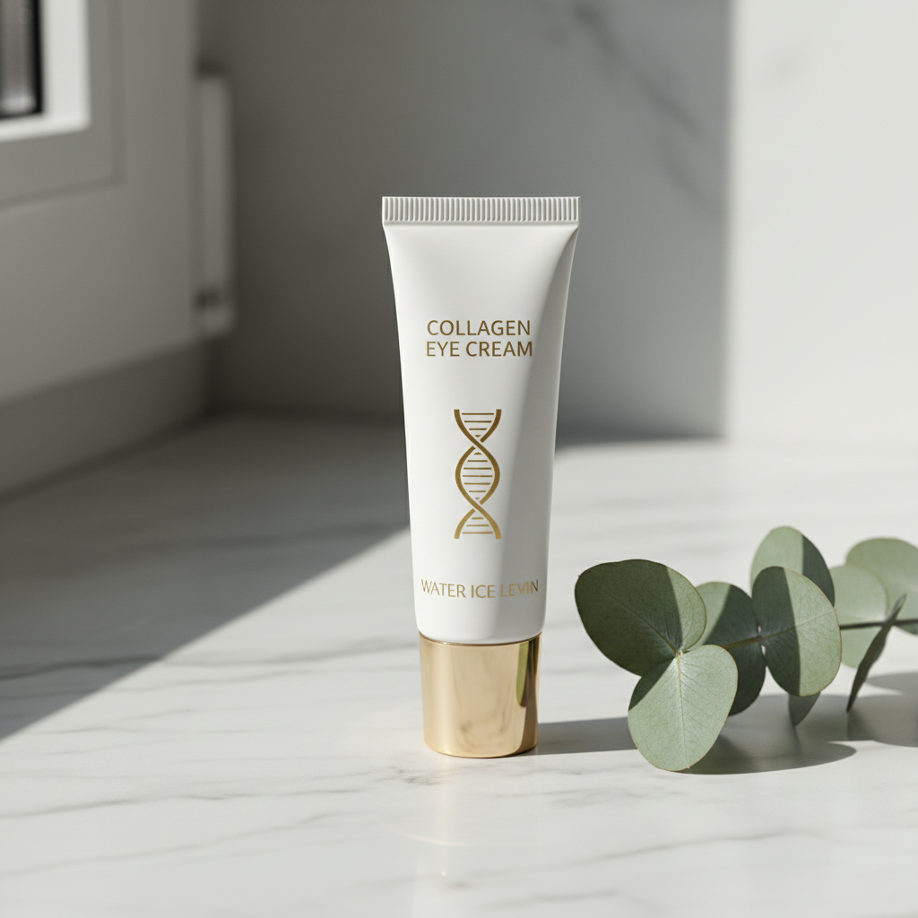 Collagen Eye Cream — luxury product photo on white marble with Nordic styling